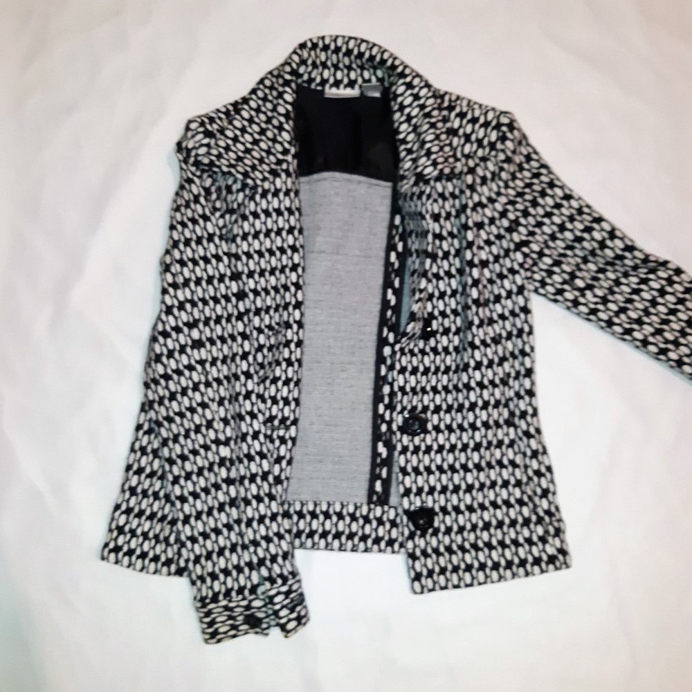 Chicos Black White Patterned Blazer Coat Jacket Size 0 Small (4/6) Cotton Blend